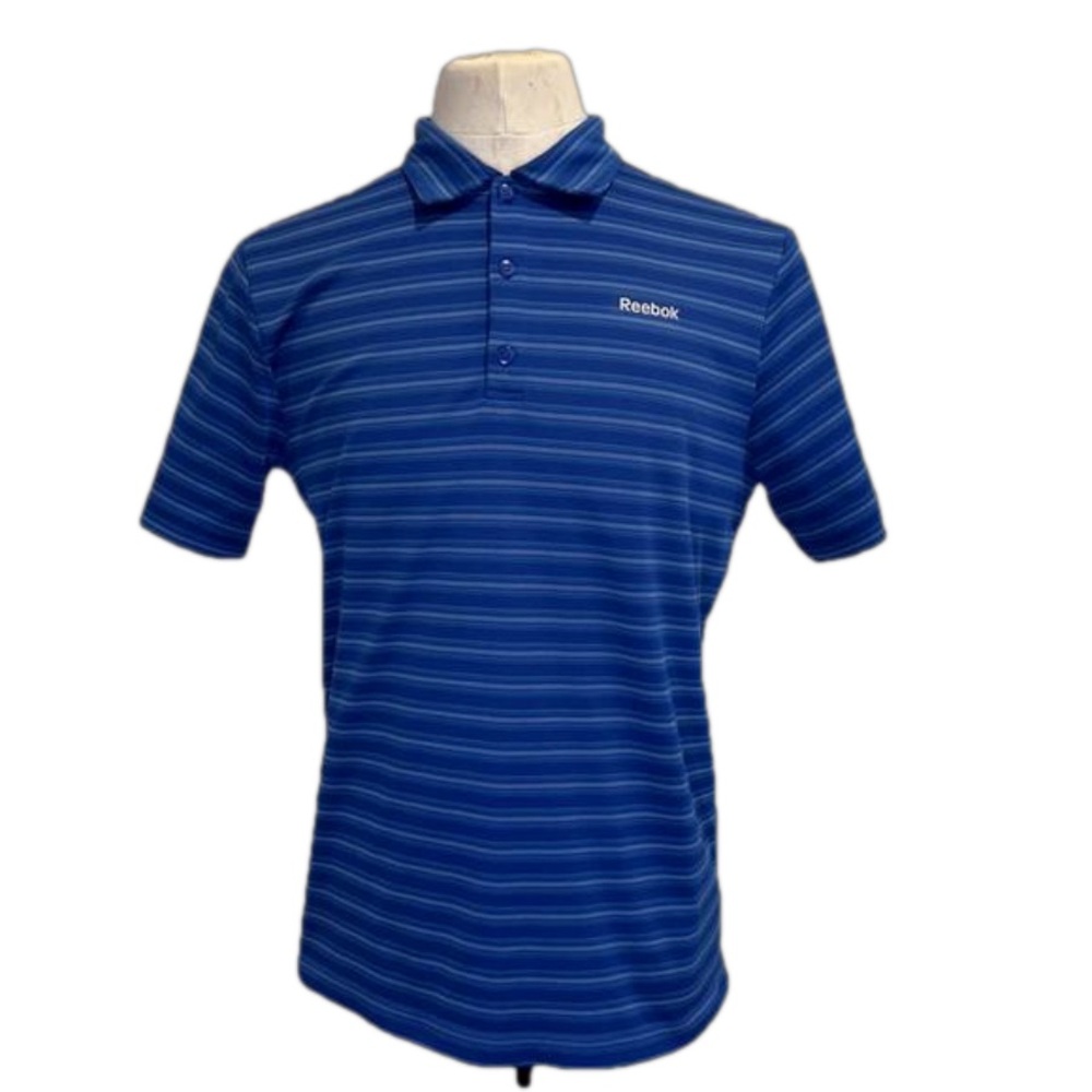 Reebok Golf PlayDry Athletic Polo Shirt Mens Striped Blue Short Sleeve - Picture 1 of 6